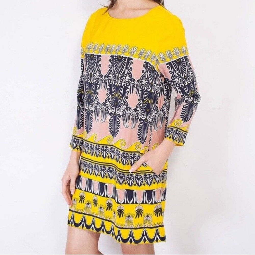 J. Crew Jules Silk 3/4 Sleeve Shift Dress w/ Pockets in Yellow Pink Navy Size 2